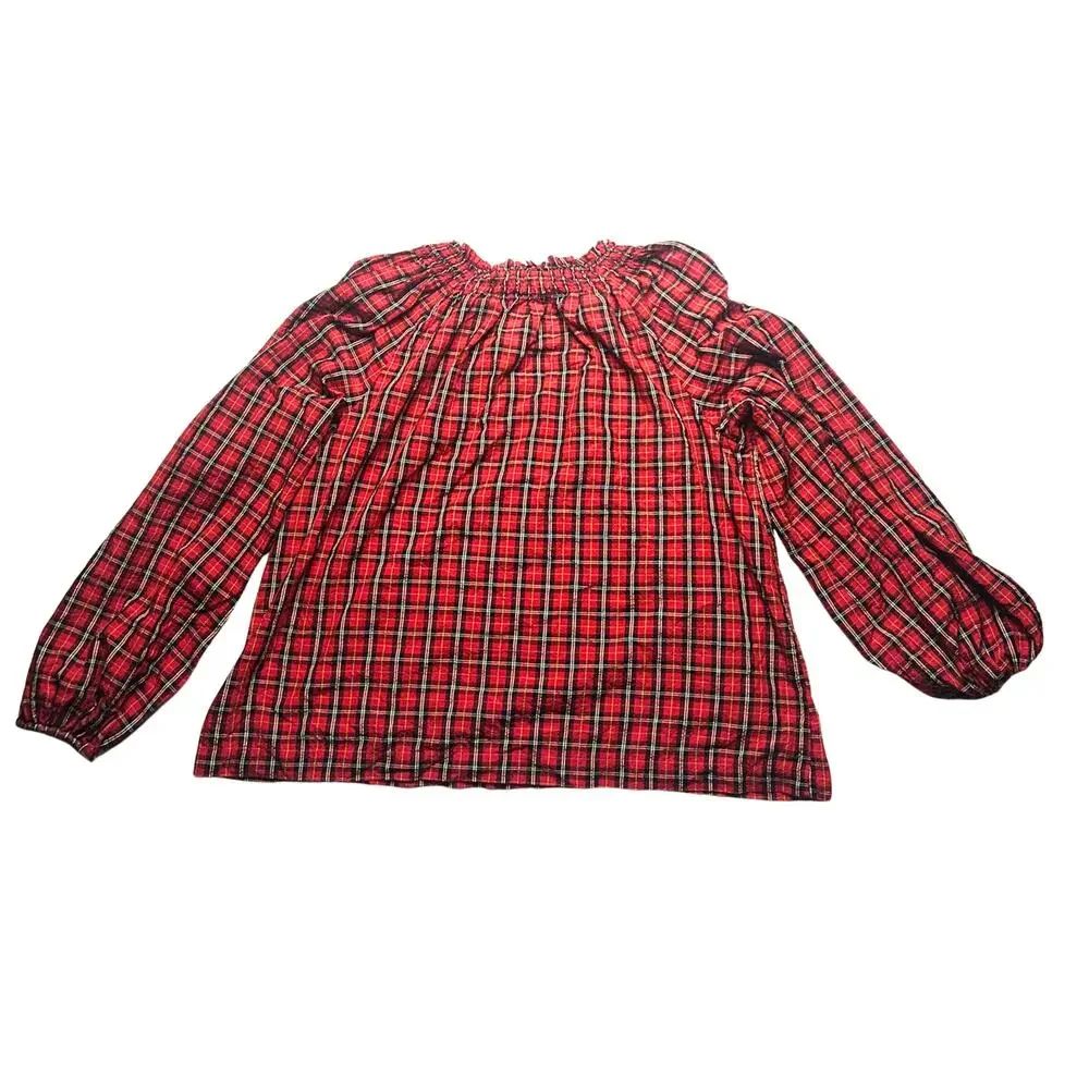 Red Black Tartan Plaid Off Shoulder Puff Sleeve Blouse M Cottagecore Prairie